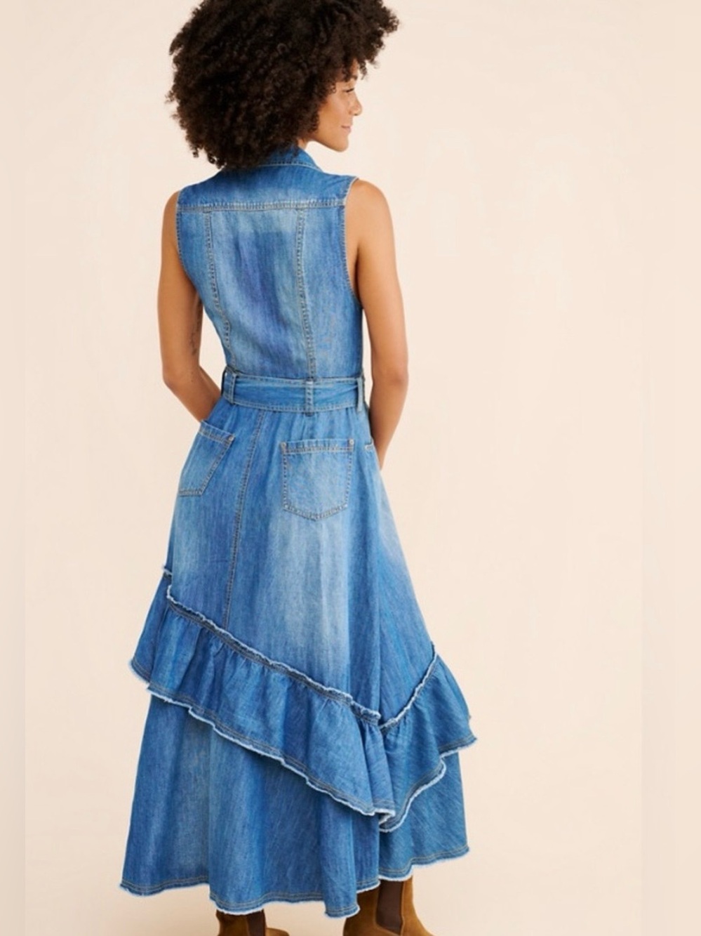Free People Beau Midi denim asymmetrical tiered dress medium like new - Picture 2 of 16